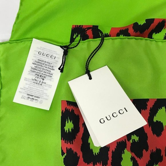 Gucci Women’s Prominent Logo Leopard Print Silk Luxury Scarf Green Multi DM1 - Picture 4 of 7